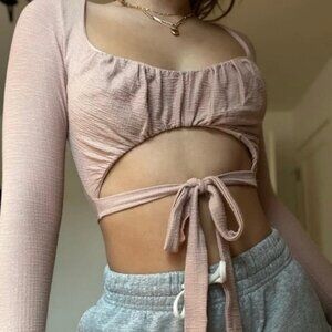 Urban Outfitters Pink Long Sleeve Waffle Knit Tie Front Cutout Crop Top Large